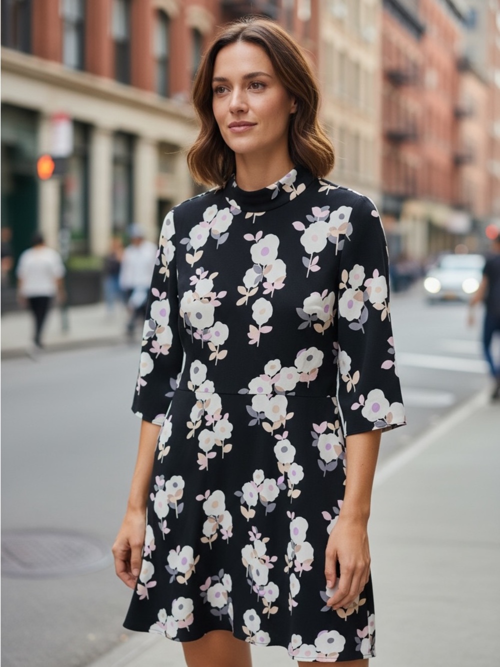 kate spade Black Floral Mini Dress with Pale Pink and Cream Blooms